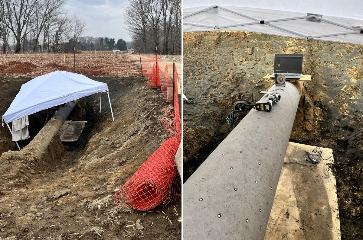 Damaged section of a pipeline dug out for more advanced 3D scanning inspection. Section of the pipe covered with a sunshade to improve the reading of optical measuring instruments.