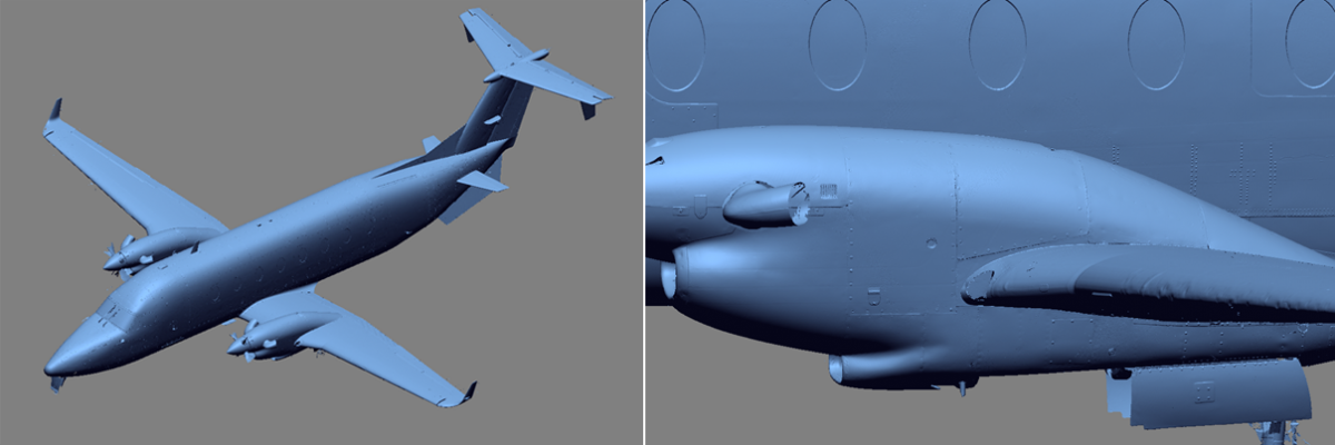 MetraSCAN 3Dでスキャンした、損傷した航空機全体のメッシュ画像と正確なデジタル復元画像。機体に複数の凹みがあることが明確にわかる。