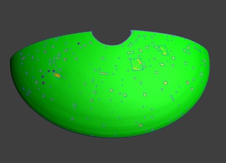 Modelo 3D capturado com VXintegrity de metade da cabeça de um vaso de pressão. A corrosão localizada em sua superfície é claramente visível e analisada com o medidor de profundidade virtual melhorado para geometrias complexas.