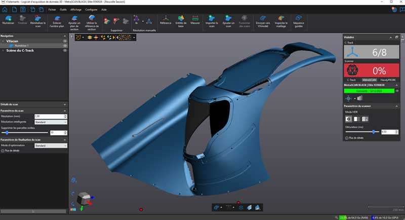Blue 3D model of the front bumper arch at the side angle in the VXmodel software.