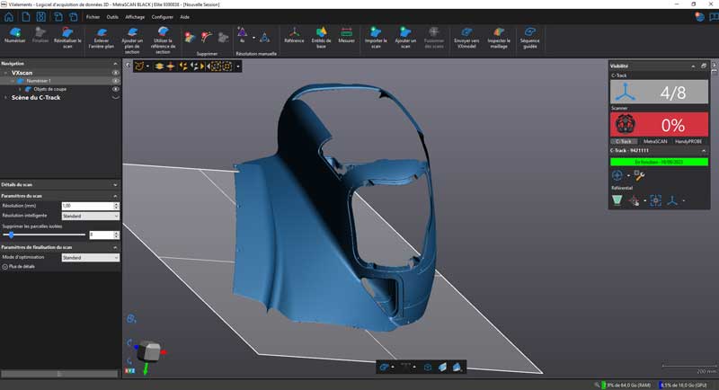 Blue 3D model of the front bumper arch at the front angle in the VXmodel software.