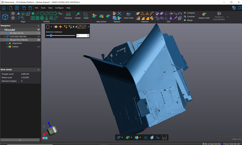 A screen capture of VXelements 3D scanning software with an image of a 3D scanned part.