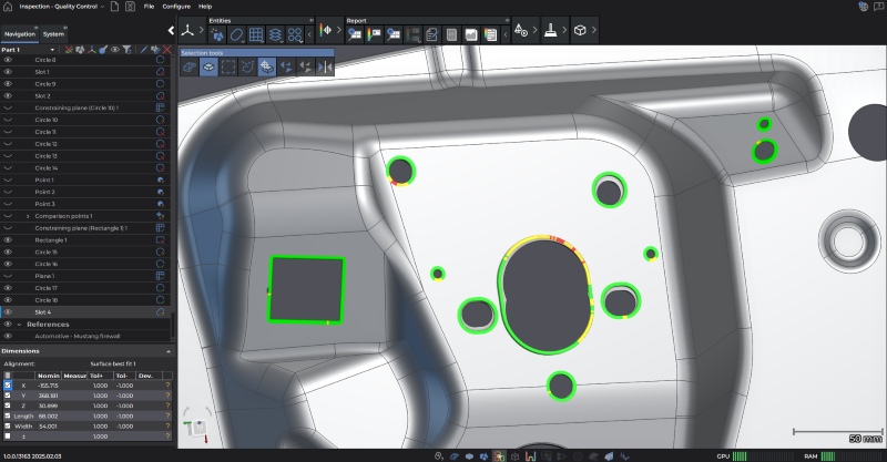Screenshot of a sheet metal part in Creaform Metrology Suite’s Inspection module showing color-coded density indicators on the part.