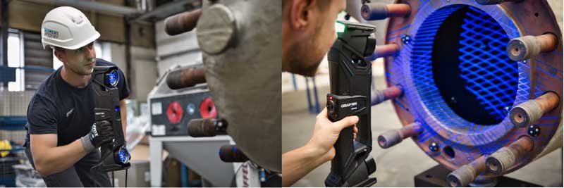 Technician scanning a valve body directly on the shop floor with the HandySCAN 3D|MAX Series.