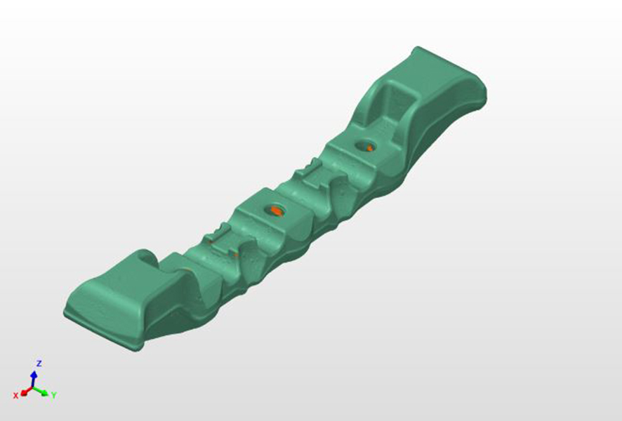Green CAD model of the part with allignment arrows