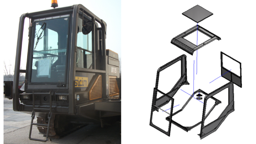Driver’s cabin of a brown color machine. On the lower part of the door SICIM is written in golden color and Exploded view of assembly kit of the driver’s cabin