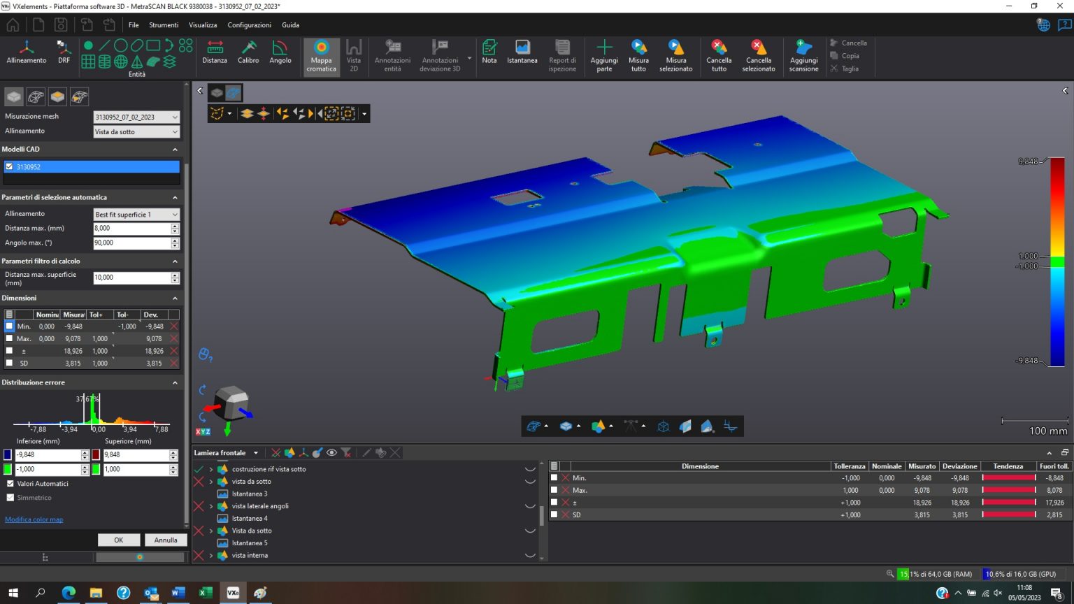 Screenshot di una lamiera in VXelements, deviazioni mostrate nella mappa di colori