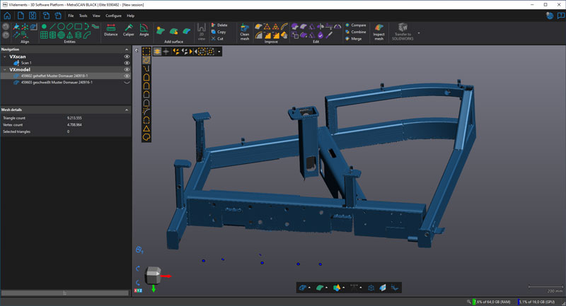 Screenshot der integrierten 3D-Scansoftware von Creaform mit Stahlkomponente