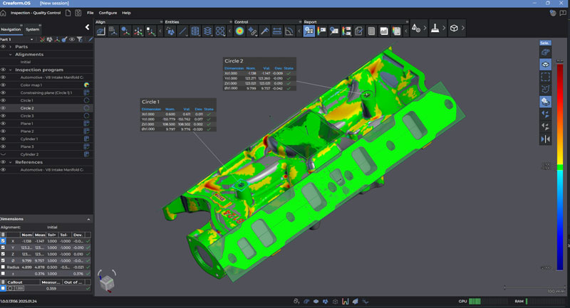 Screen shot of the scanned V8 intake manifold within the Creaform Metrology Suite Inspection module