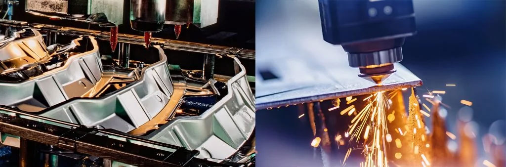 A side-by-side picture of an industrial press stamping sheet metal car parts on a production line on the left and a close-up of a CNC laser machine cutting sheet metal on the right