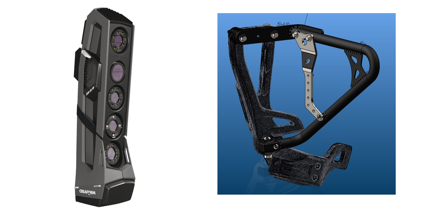 Go!SCAN SPARK product picture: Black handheld scanner with several cameras and Imported scan data of a motorcycle chassis in SolidWorks