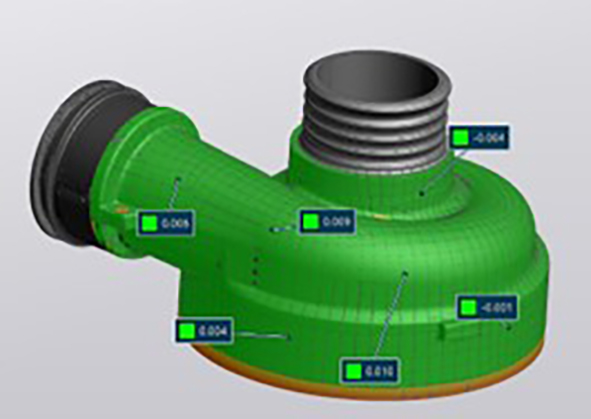 CAD- und Scan-Modell in der Software VXelements. Unterschiede sind farblich hinterlegt