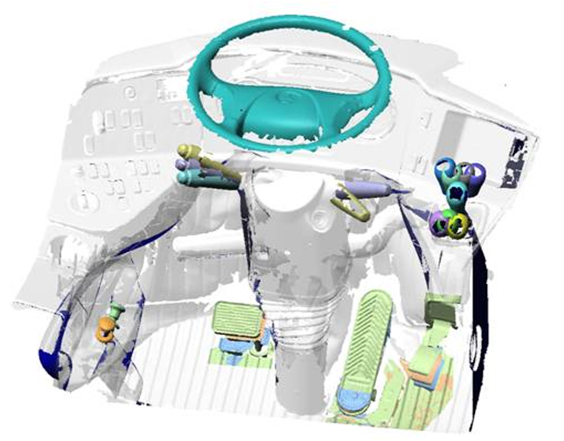 SFM employee on a ladder wearing a white helmet and a respirator, using a MetraSCAN 3D to scan a transformer tank