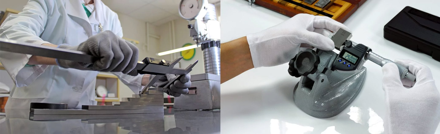Deux photos montrant des laboratoires de métrologie avec, à gauche, un technicien utilisant un pied à coulisse pour mesurer des blocs de hauteur en aluminium et, à droite, un technicien utilisant un micromètre pour mesurer un bloc de hauteur en aluminium.