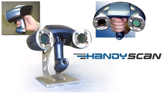 通过三个角度展示 HandySCAN 3D 手持式扫描仪,包括固定与手持视角
