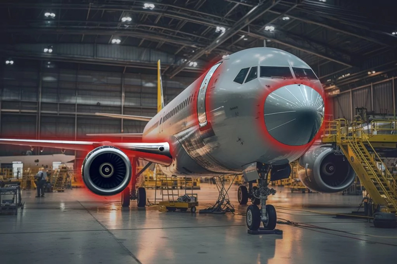 Picture of an airplane in a hangar with the leading edges of wings, engine nacelles and fan blades, entry and luggage doors, and pogo highlighted in red.