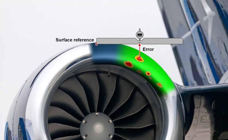 Close-up of an engine nacelle with superimposed colormap of damage and a depth gage providing an false measurement due to an irregular surface reference.