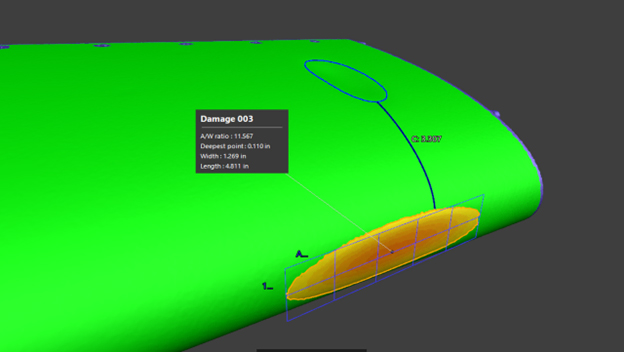 Schermata del modulo VXintegrity Aerospace che mostra la mappa dei colori della scansione di un'ala danneggiata con tag esatti del danno.