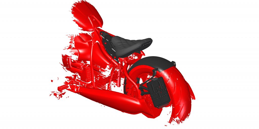Black and red CAD model of motorcycle seat of BMW R18