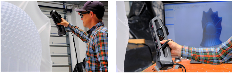 Un uomo scansiona una scultura bianca con lo scanner Go!SCAN SPARK. Braccio con lo scanner Go!SCAN SPARK, in secondo piano schermo con scansione.