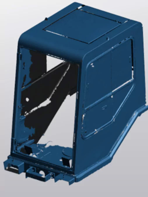 Blue rendered 3D model of the driver cabin displayed in VXelements. 