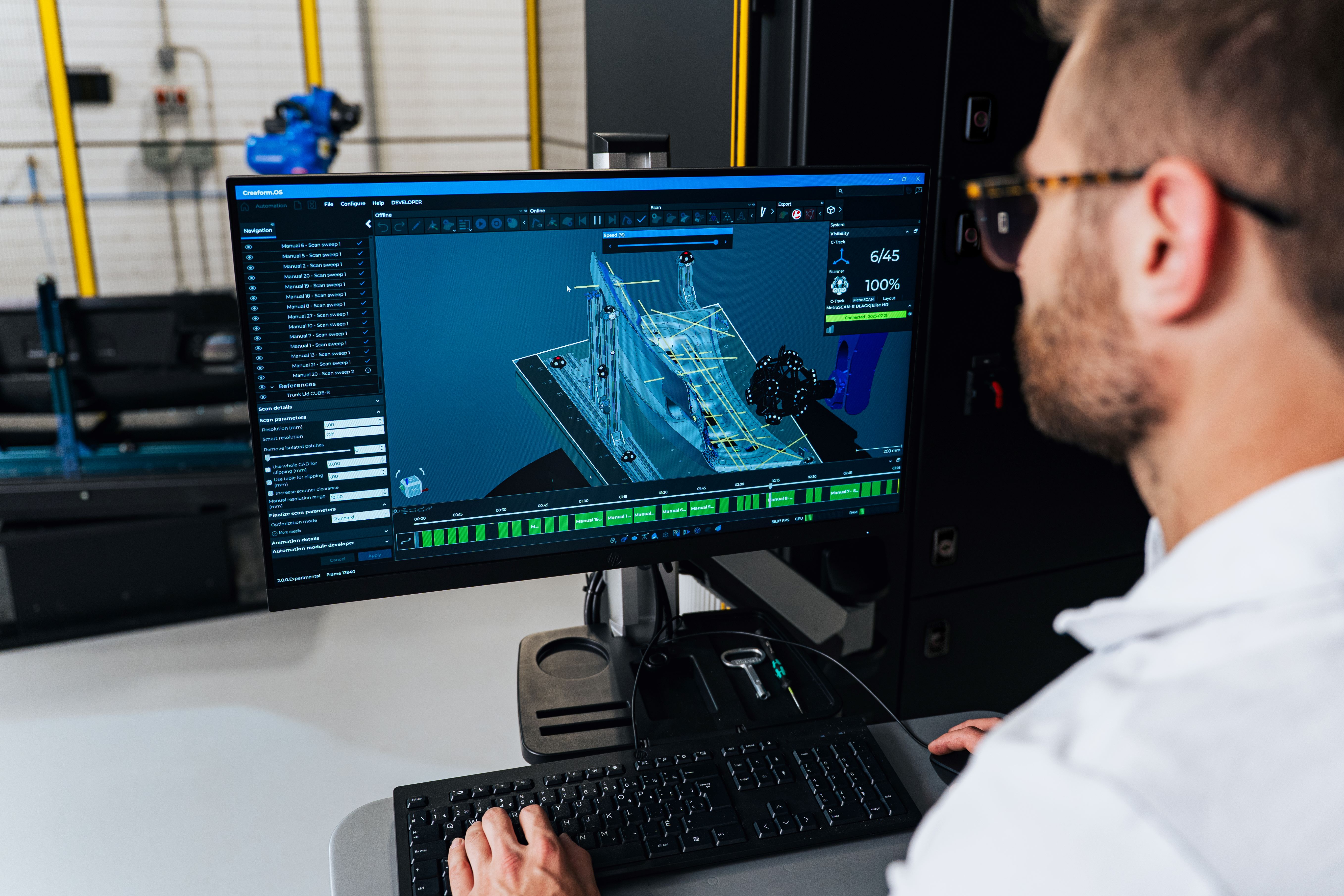 Operator programming the robot path on a digital twin of a scanned component using the Automation software module in Creaform Metrology Suite, within an industrial metrology environment.
