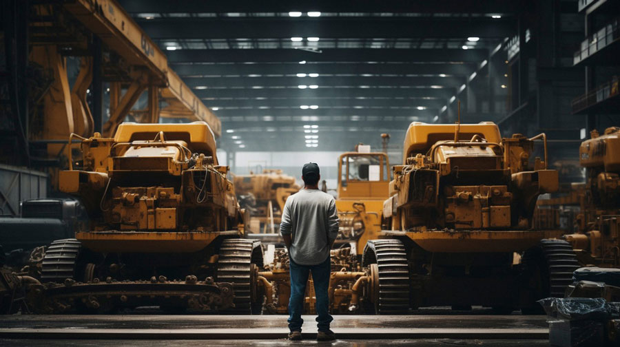 Man wearing a long-sleeve white shirt and blue jeans in front of several yellow heavy machines in a hangar