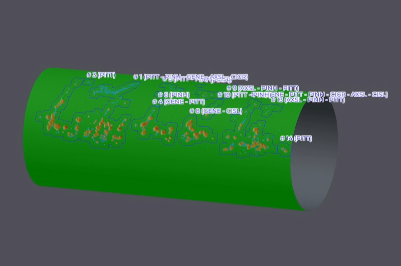 3D scan visualization of a cylindrical pipe showing corrosion analysis with color mapping and measurement annotations
