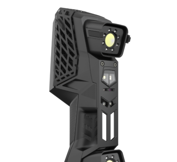 Close-up of the EVO Series 3D scanner showing dual lenses and black casing
