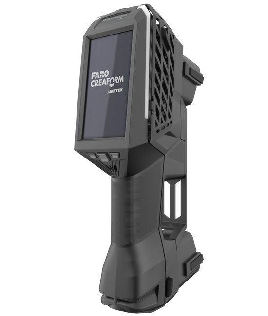 Back side of the EVO Series 3D scanner showing the touch screen with the Creaform Ametek logo