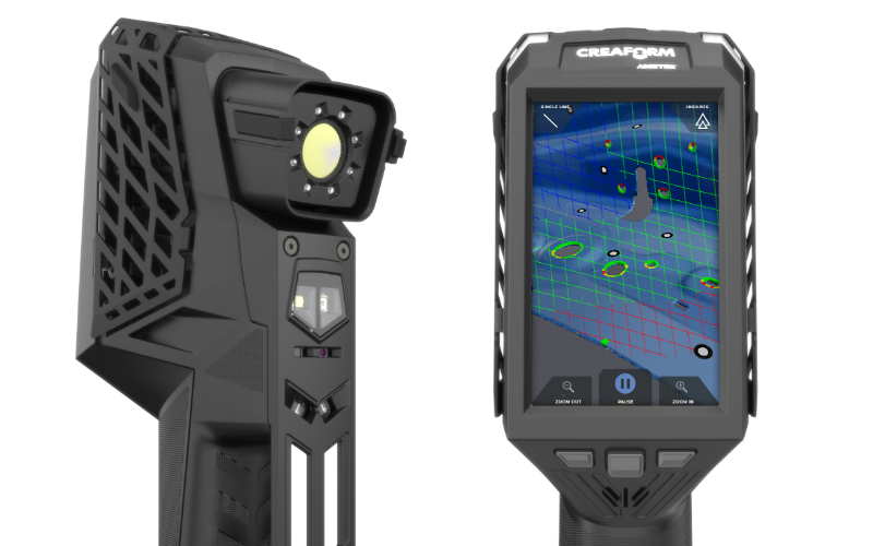 Close-up of EVO Series 3D scanner showing front and back with mesh displayed on the screen