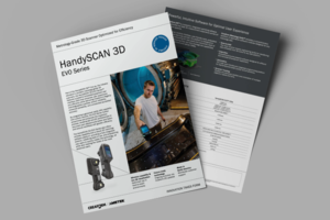 EVO Series 3D scanner brochure with product details and a person using the scanner
