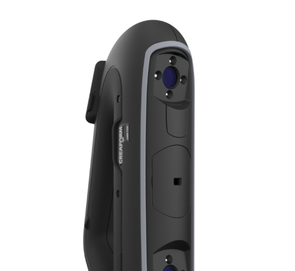 Close-up of the PRO Series 3D scanner featuring sleek black design and lenses