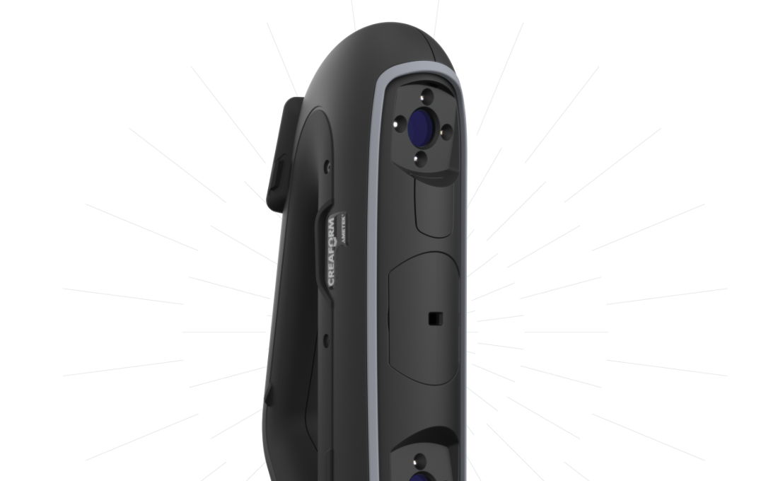 Close-up of the PRO Series 3D scanner featuring sleek black design and lenses