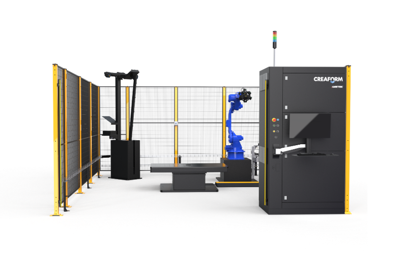 The M3 measuring cell with blue robot, table, calibration arm and Creaform control unit inside the safety enclosure
