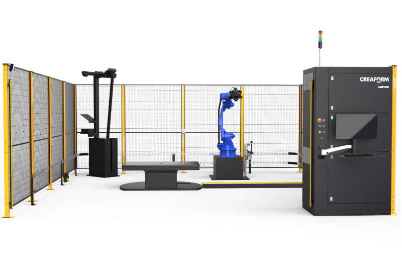 The M4 measuring cell with blue robot, table, calibration arm and Creaform control unit inside the safety enclosure