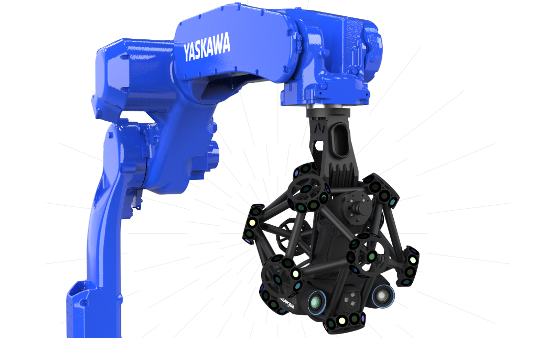 Blue Yaskawa robotic arm holding a MetraSCAN 3D-R scanner