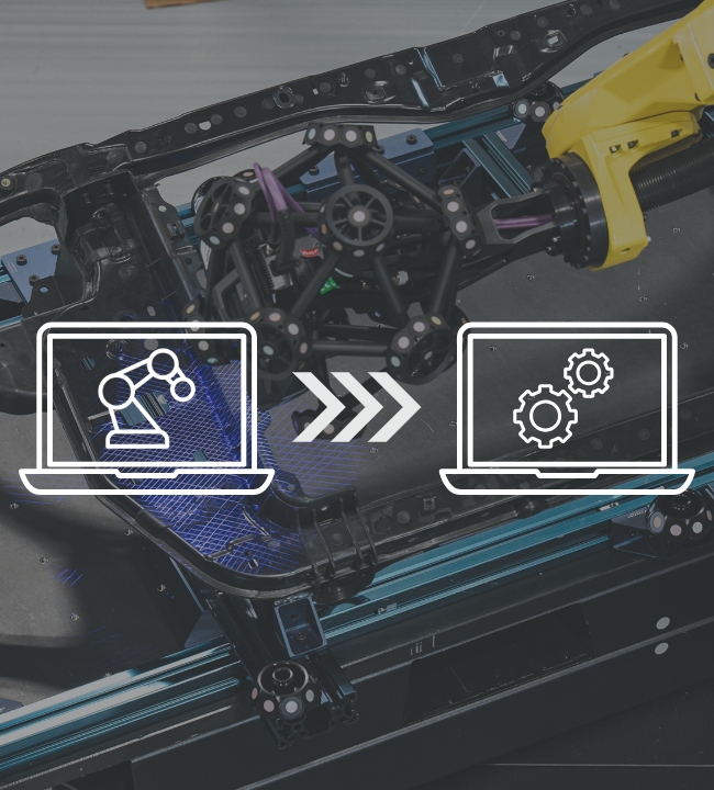 Scanner inspecting an automotive part with overlay icons showing process flow from scanning to software
