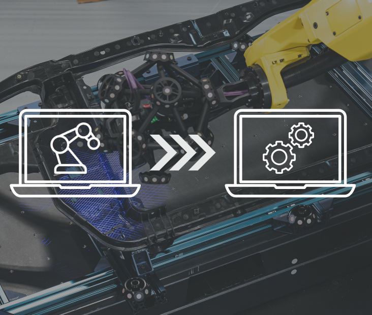Scanner inspecting an automotive part with overlay icons showing process flow from scanning to software