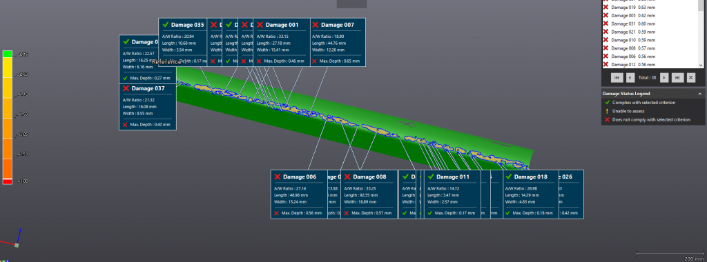 Screenshot of an analysis of a leading edge damaged by hail in a surface inspection software