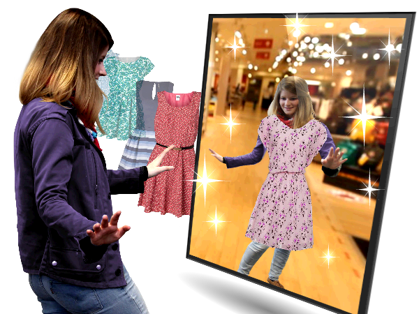 Girl try a dress in a virtual fitting rooms - Fashion retail