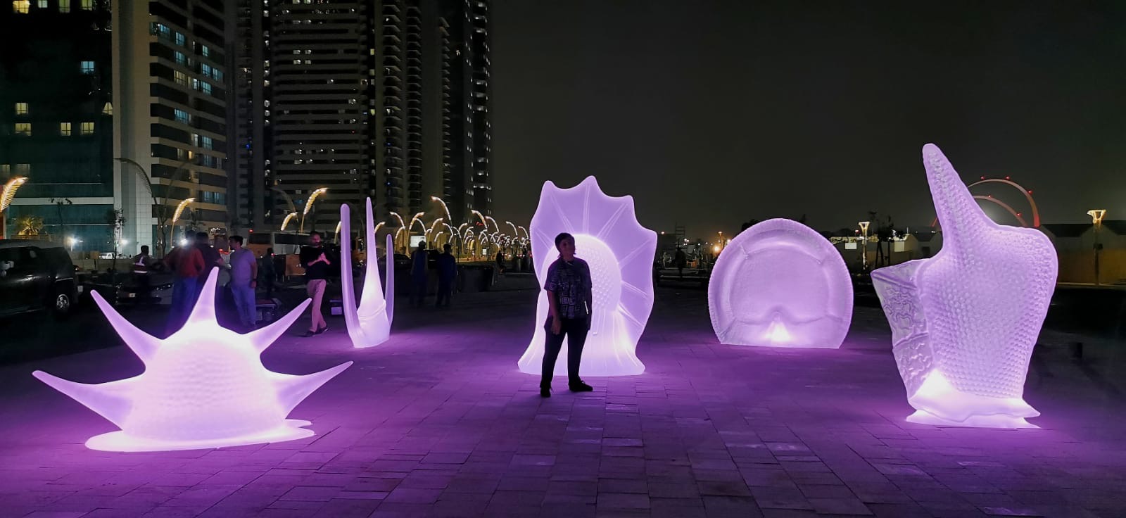Esculturas iluminadas con luz violeta por la noche con una persona delante. En el fondo pueden verse edificios. Algunas ventanas están iluminadas.