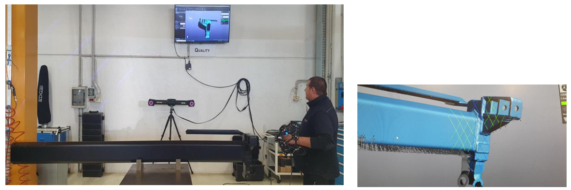 Digitalización de una extensión de grúa con el MetraSCAN 3D en HYVA por un empleado. En la pared hay una pantalla en la que puede ver el escaneado en vivo en el software.Visualización en tiempo real del escaneado en el software VXelements