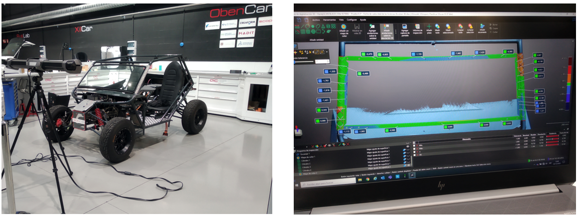 ObenCar vehicle with windshield (left) and 3D scanning of the windshield in VXelements (right).