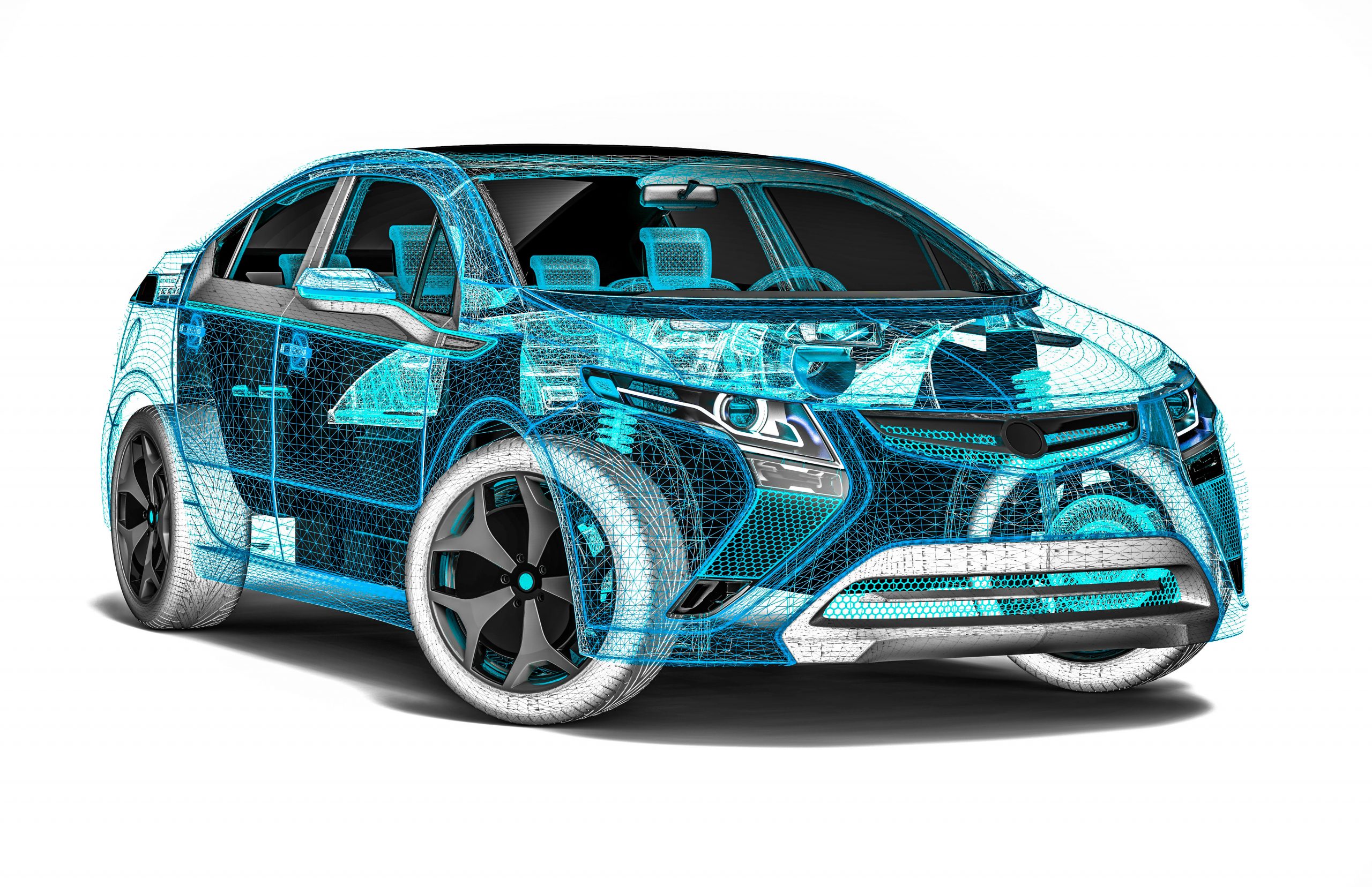 Blue 3D rendering of a sedan car in wire frame on a while background