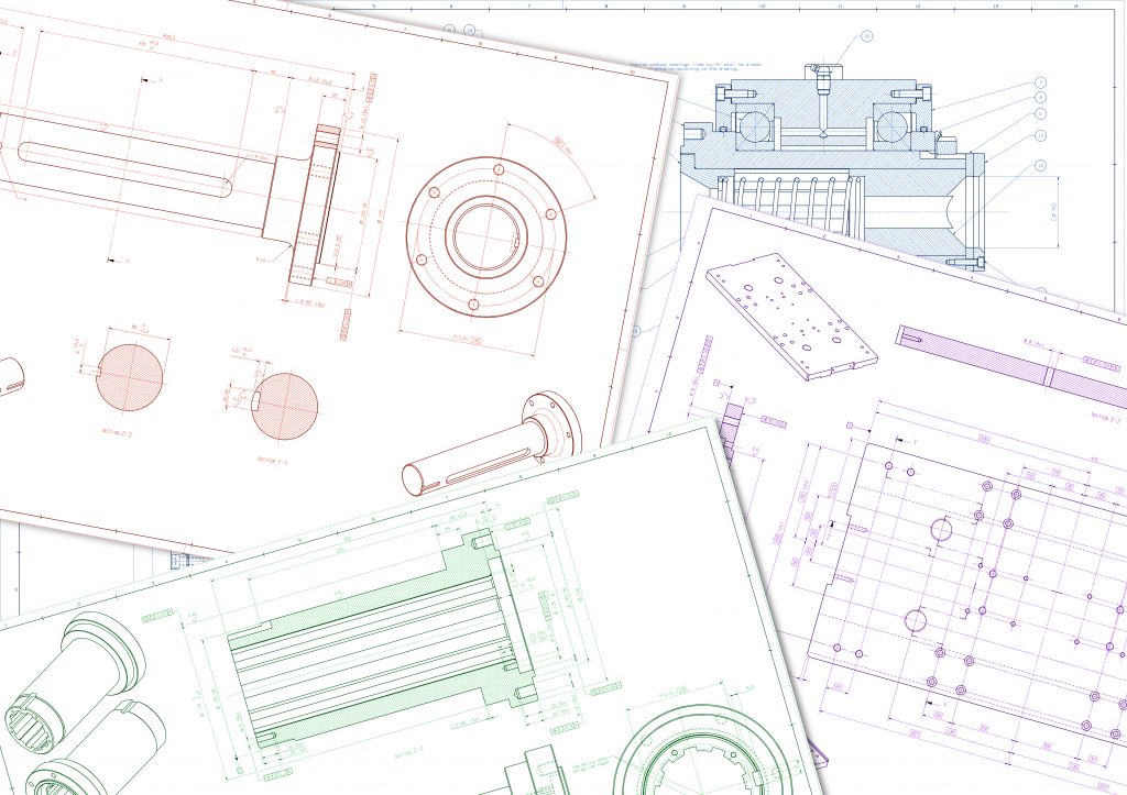 Illustration of Pile of Mechanical Engineering Drawings with Geometric Dimensioning and Tolerances