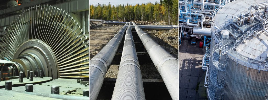 Pictures of large turbine pipelines and refinery
