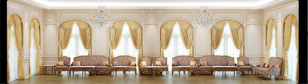 Simulation of the meeting room - Majilis - with furniture and curtains.