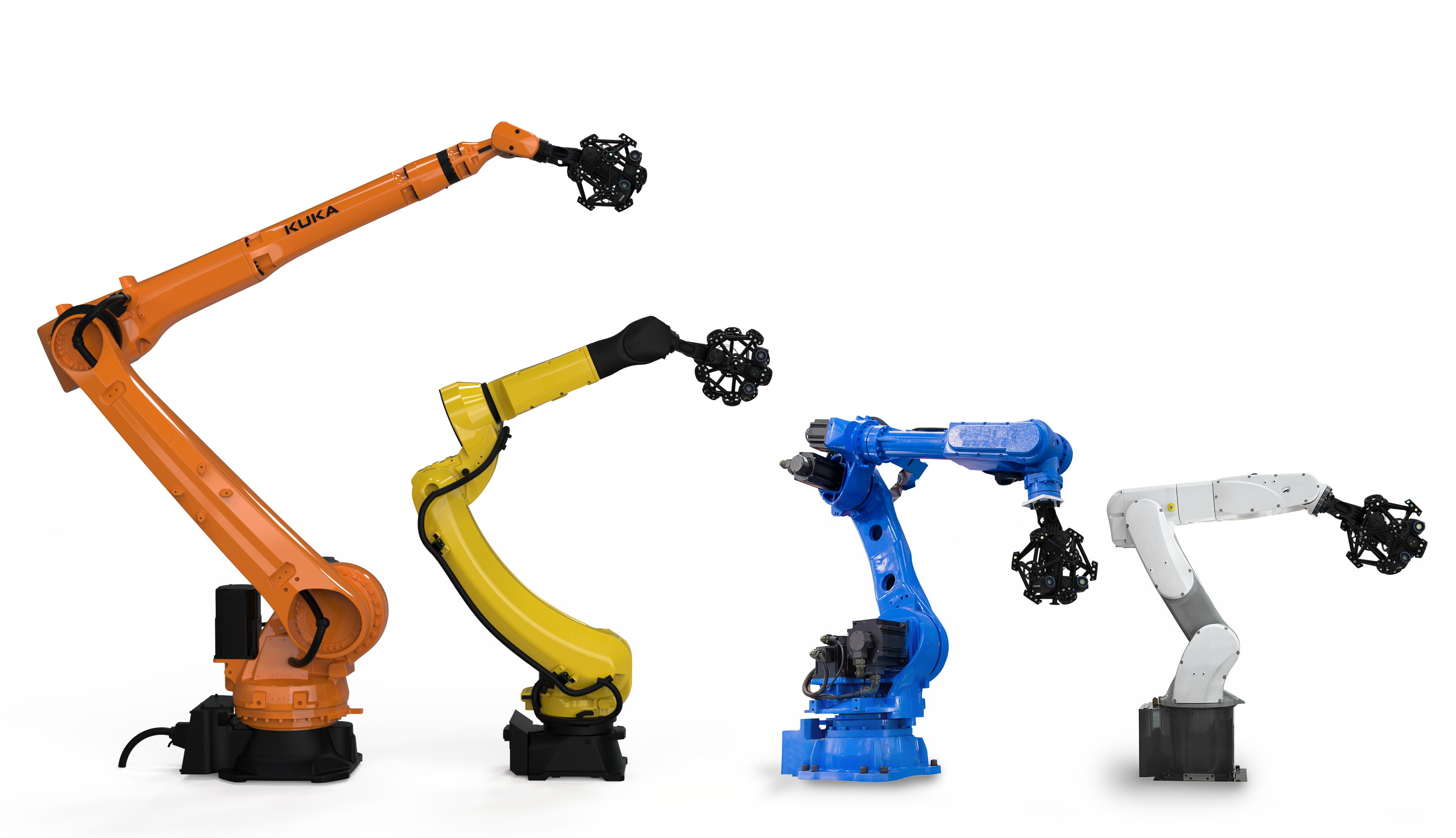 Four industrial robot arms of different sizes and different colors with optical CMM scanners attached to them.