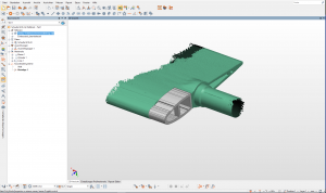 画面上に緑色で表示されたガイドベーンの3D CADモデル（PolyWorks）